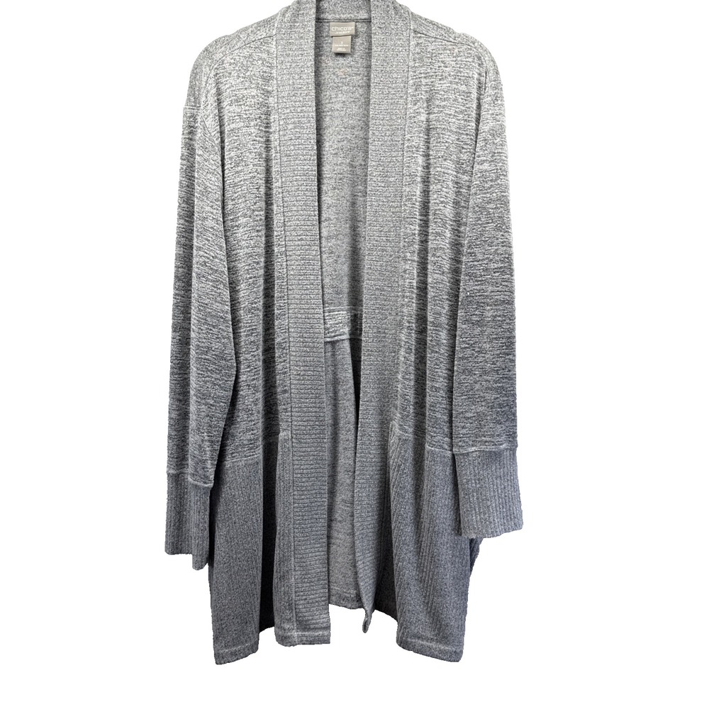 Chicos Zenergy Women's Cardigan Sweater Tunic XL Solid Gray Long Sleeves Knit